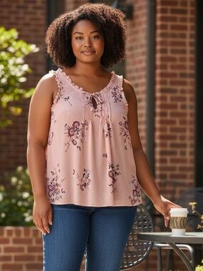 torrid Dusty Pink Floral Sleeveless Tie-Neck Tank